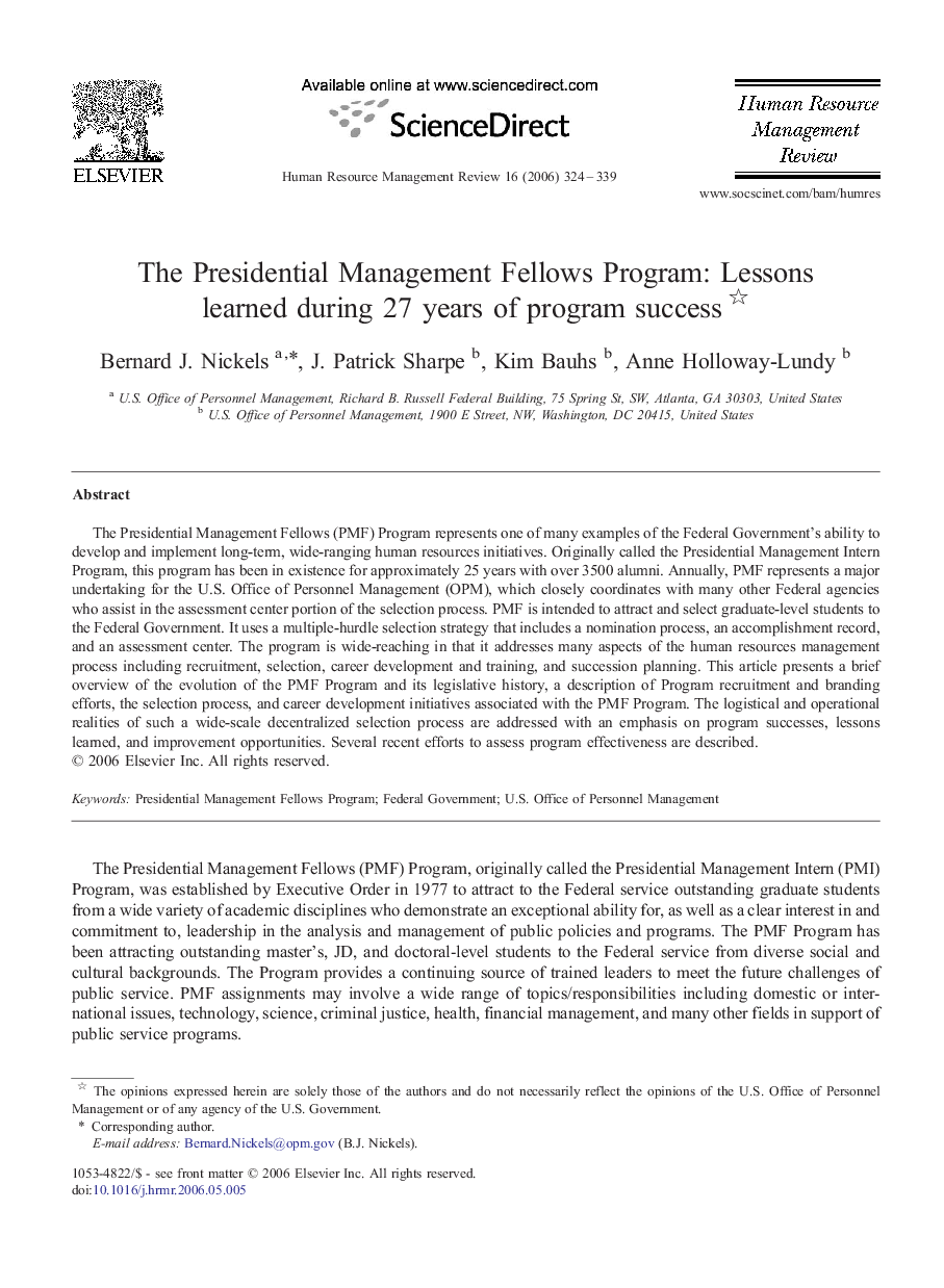 The Presidential Management Fellows Program: Lessons learned during 27 years of program success 