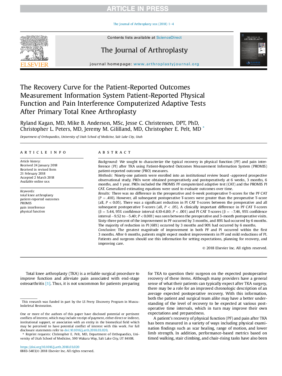 The Recovery Curve for the Patient-Reported Outcomes Measurement Information System Patient-Reported Physical Function and Pain Interference Computerized Adaptive Tests AfterÂ Primary Total Knee Arthroplasty