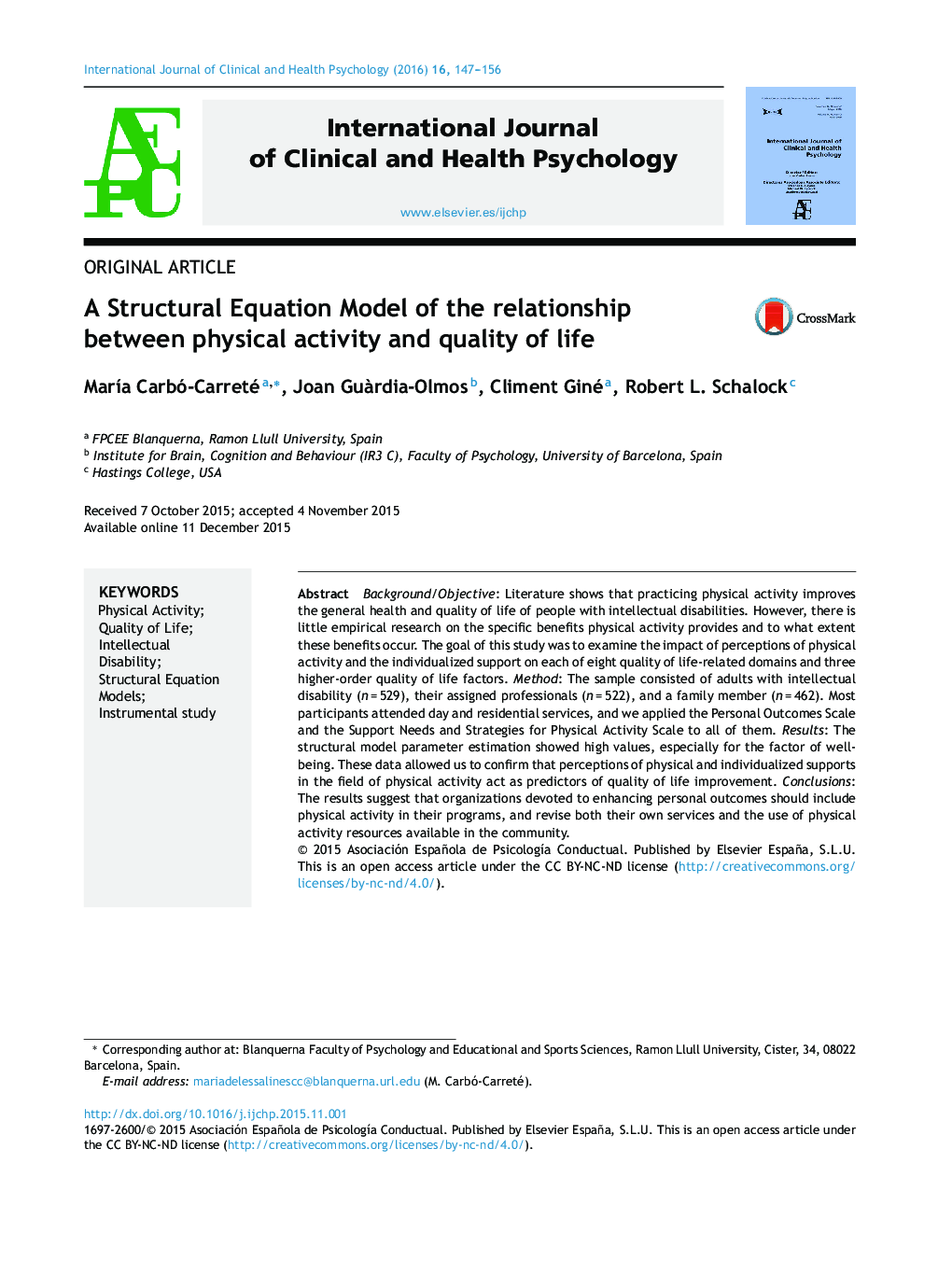 A Structural Equation Model of the relationship between physical activity and quality of life