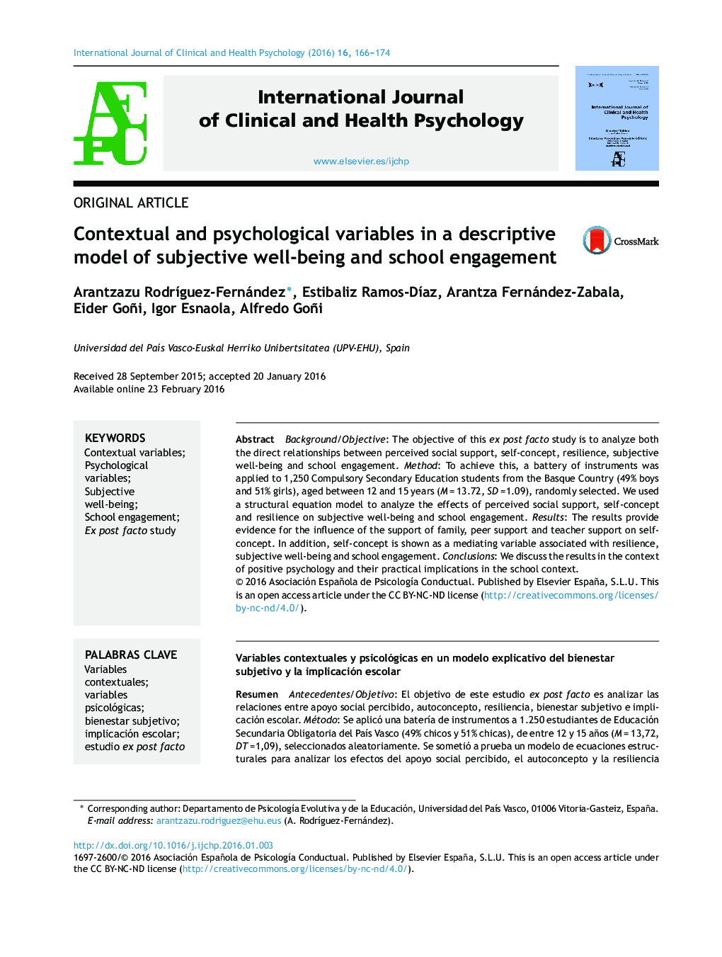 Contextual and psychological variables in a descriptive model of subjective well-being and school engagement