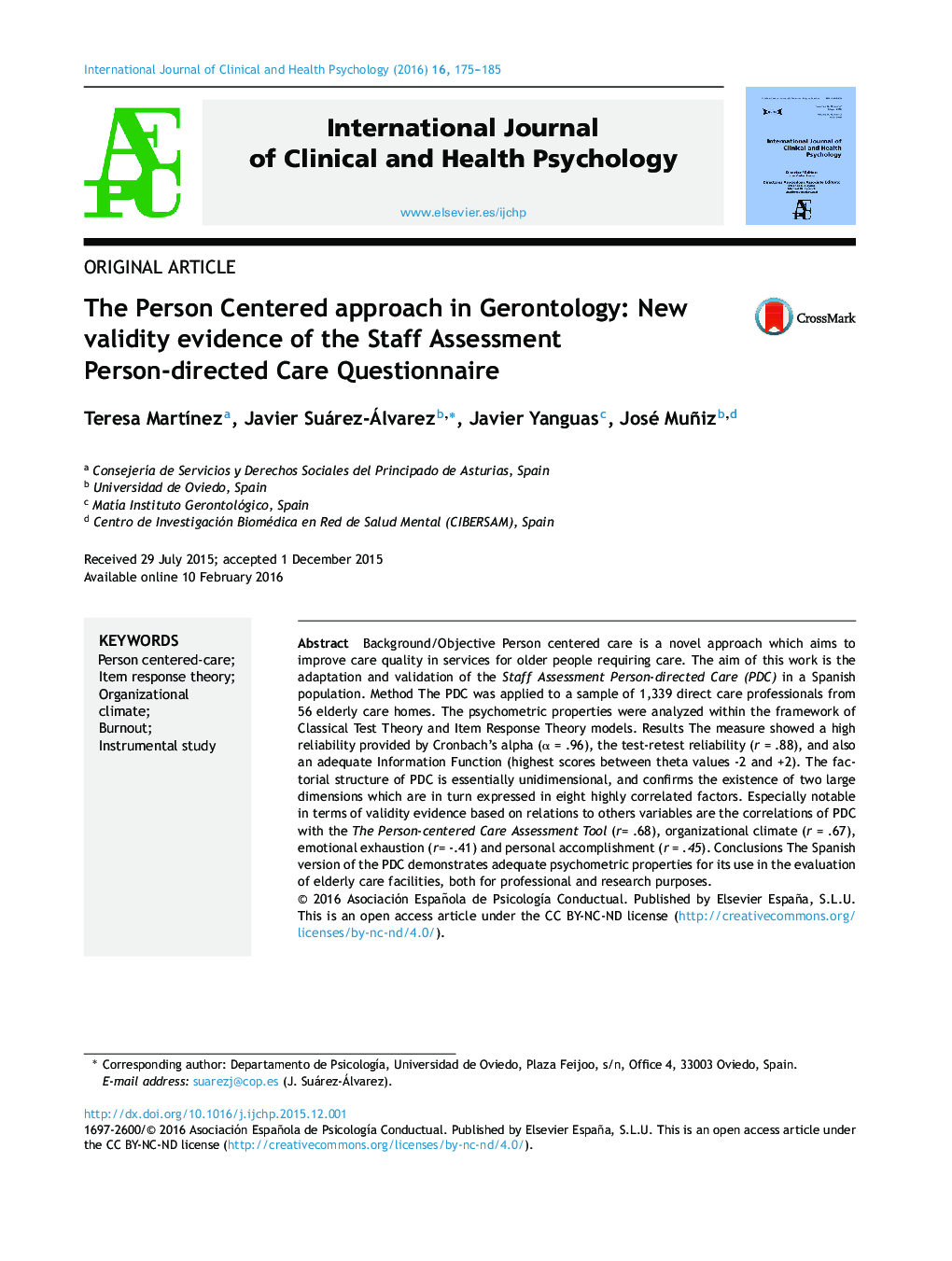 The Person Centered approach in Gerontology: New validity evidence of the Staff Assessment Person-directed Care Questionnaire