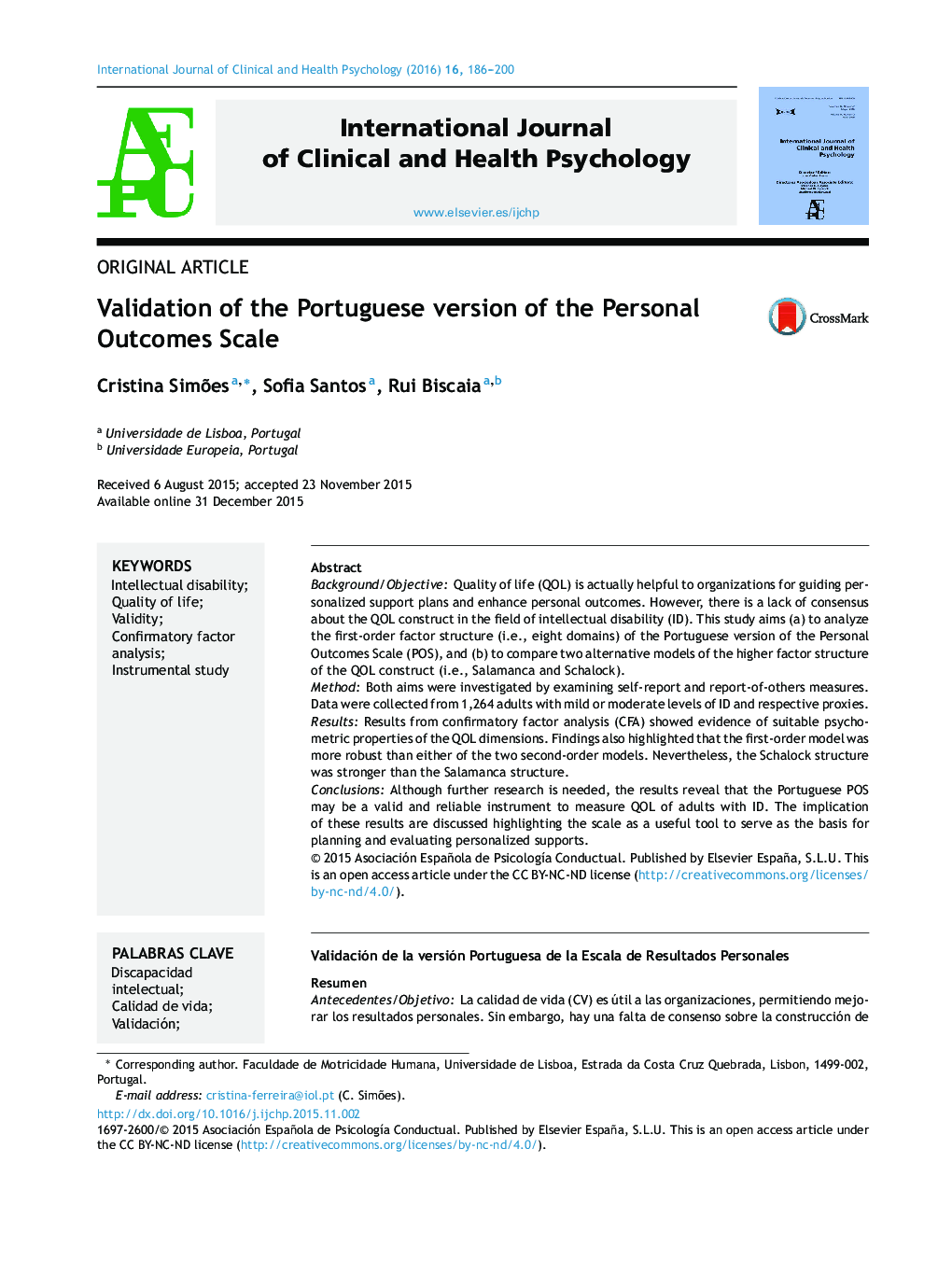 Validation of the Portuguese version of the Personal Outcomes Scale