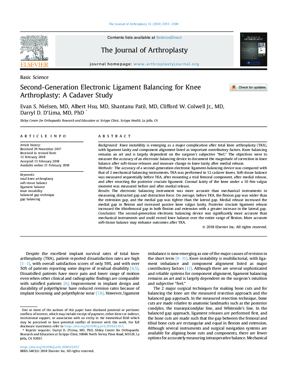 تعادل الکترومغناطیسی نسل دوم برای آرتروپلاستی زانو: یک مطالعه کاداور 