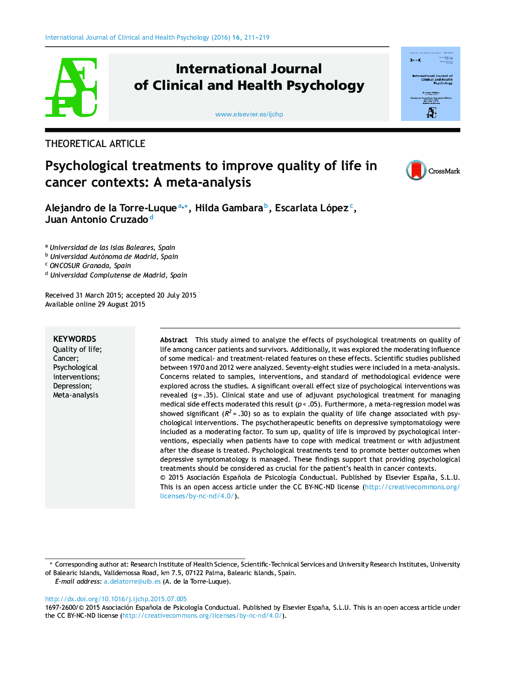 Psychological treatments to improve quality of life in cancer contexts: A meta-analysis