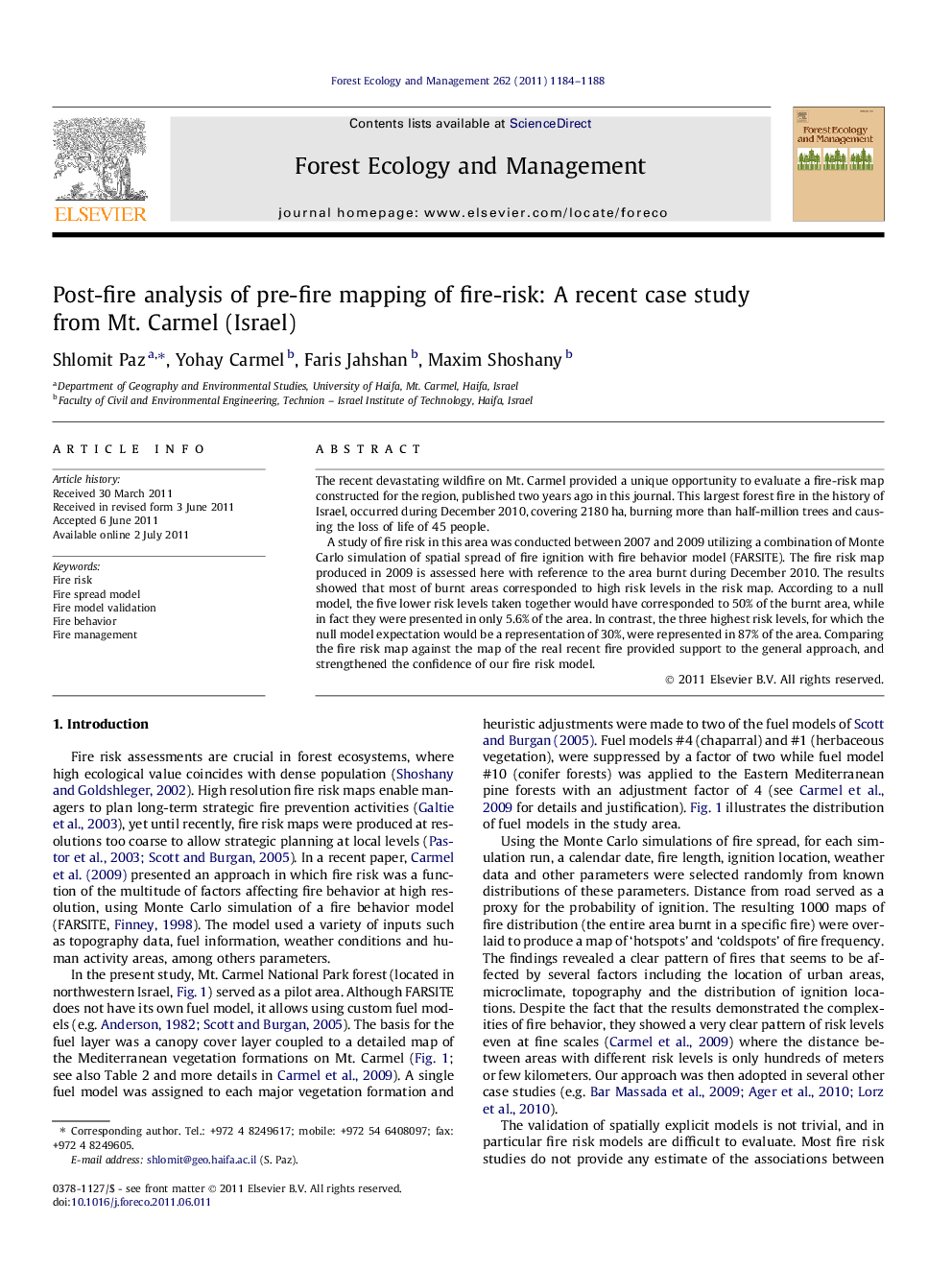 Post-fire analysis of pre-fire mapping of fire-risk: A recent case study from Mt. Carmel (Israel)