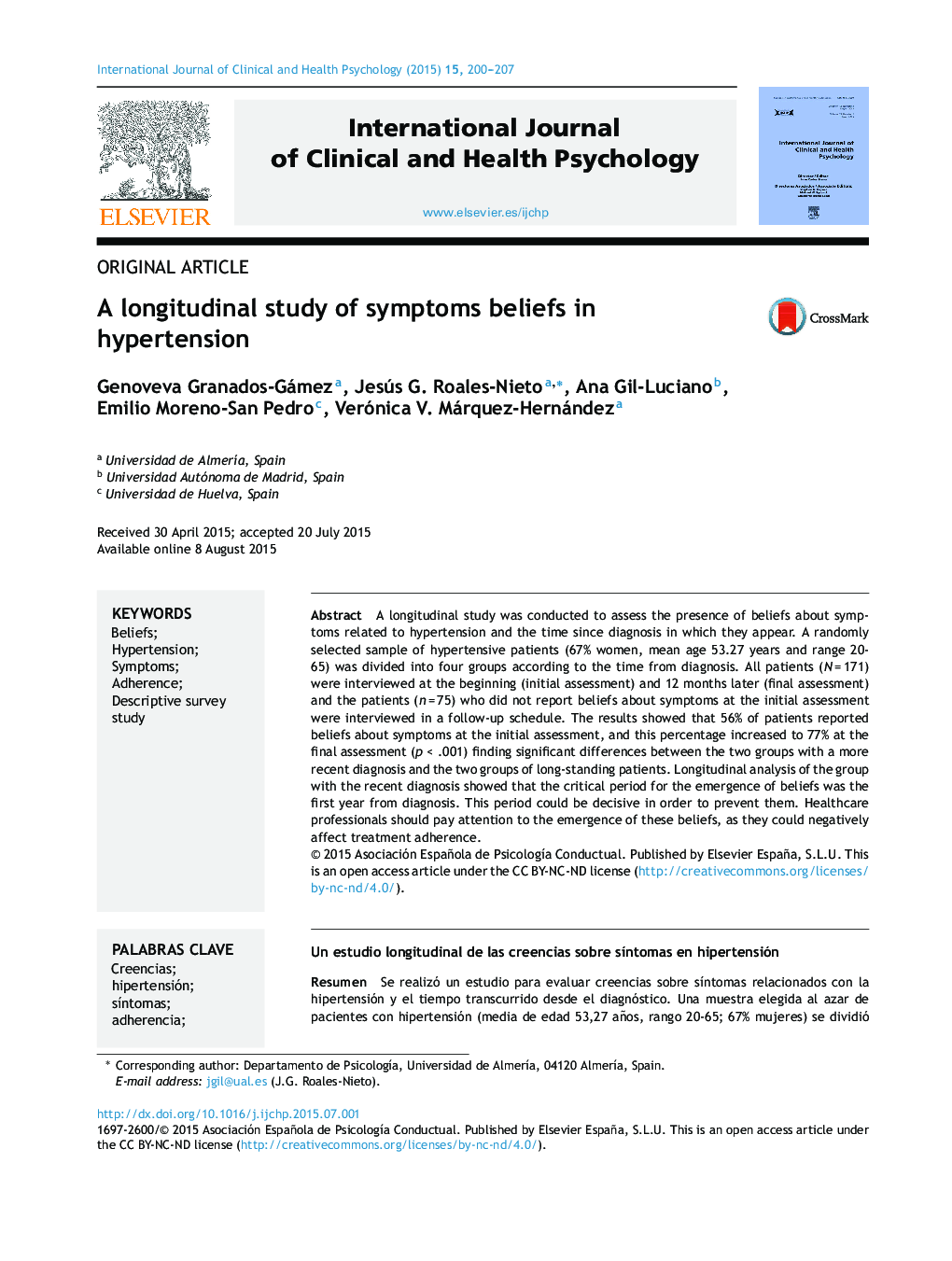 A longitudinal study of symptoms beliefs in hypertension