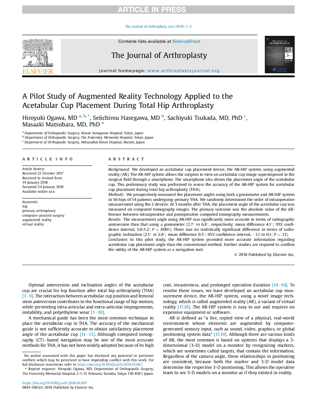 A Pilot Study of Augmented Reality Technology Applied to the Acetabular Cup Placement During Total Hip Arthroplasty