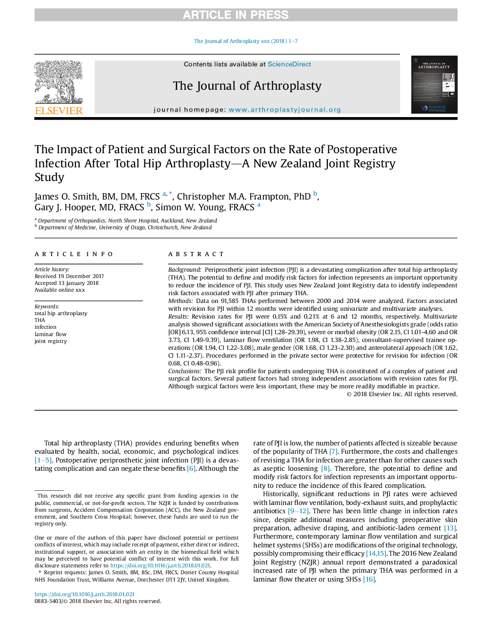 The Impact of Patient and Surgical Factors on the Rate of Postoperative Infection After Total Hip Arthroplasty-A New Zealand Joint Registry Study