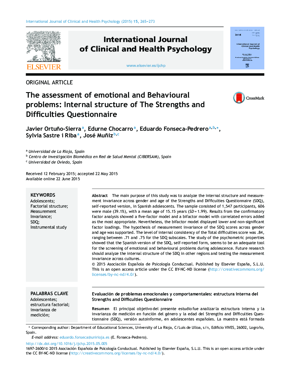 The assessment of emotional and Behavioural problems: Internal structure of The Strengths and Difficulties Questionnaire