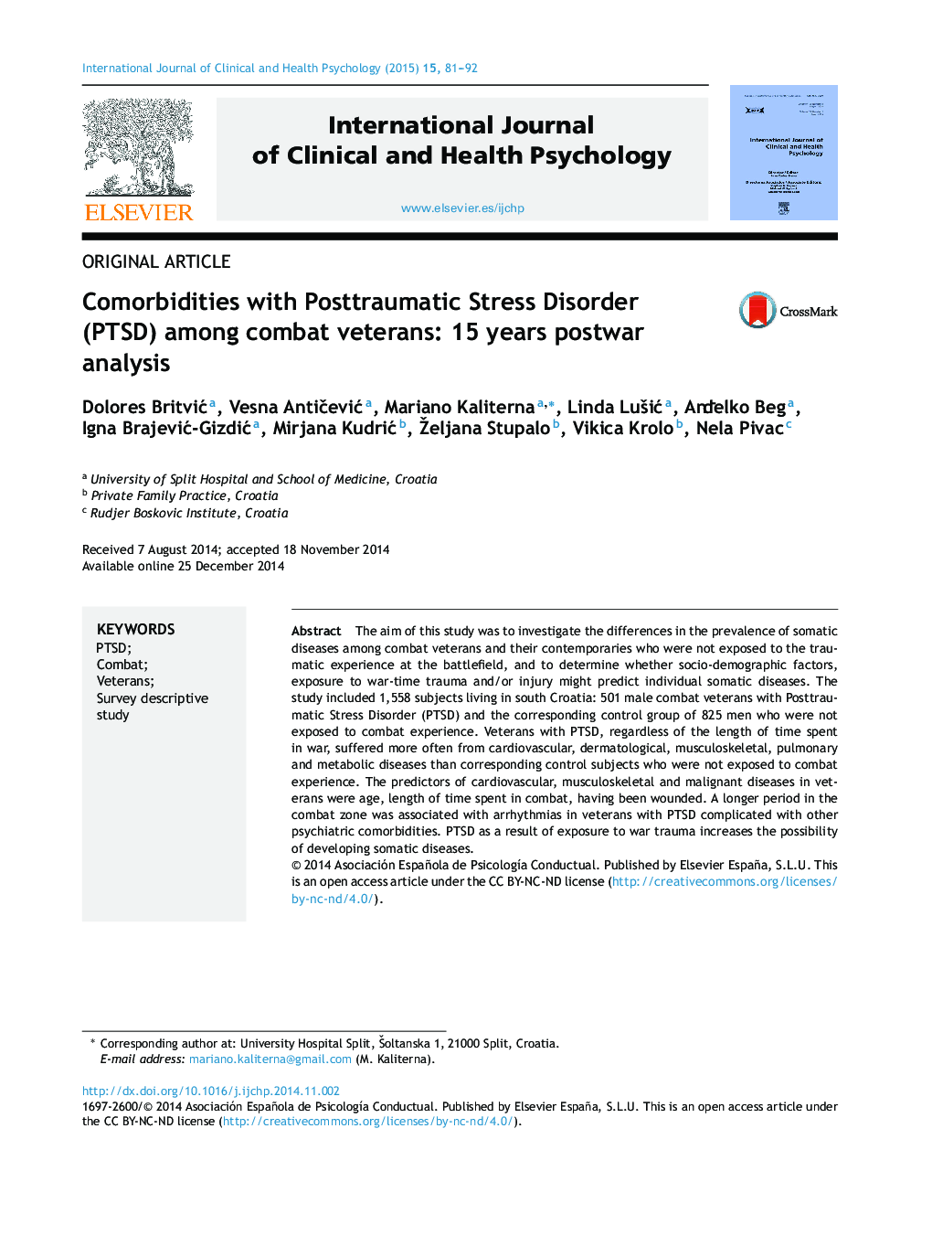 Comorbidities with Posttraumatic Stress Disorder (PTSD) among combat veterans: 15 years postwar analysis 