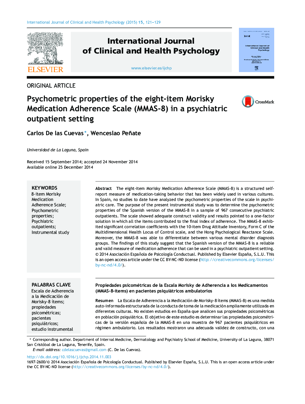 Psychometric properties of the eight-item Morisky Medication Adherence Scale (MMAS-8) in a psychiatric outpatient setting 