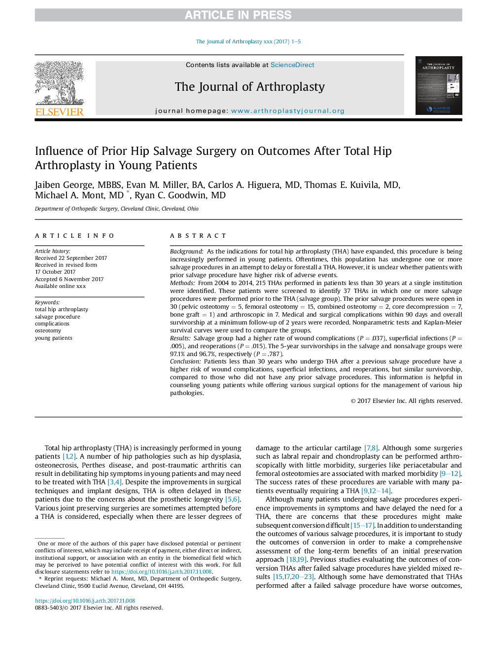 Influence of Prior Hip Salvage Surgery on Outcomes After Total Hip Arthroplasty in Young Patients