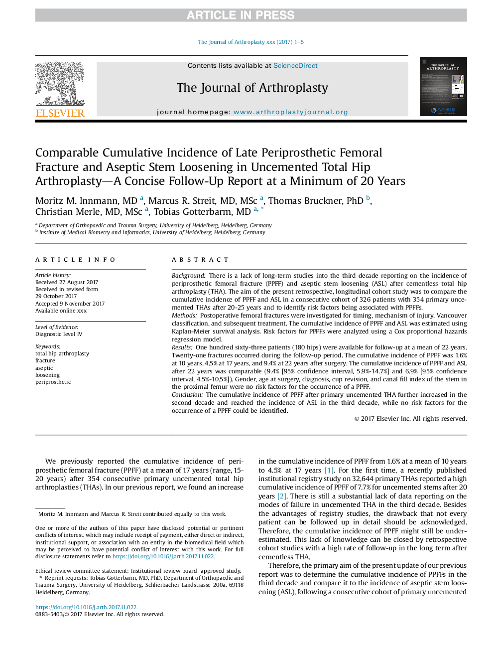 مقایسه میزان بروز تجمعی شکستگی فمورال پس از پری پروستات و بیدردگی ساقه آسپتیک در آرتروپلاستی هیپ آمپرمی شده بدون پیچیدگی - یک گزارش پیگیری مختصر در حداقل 20 سال 