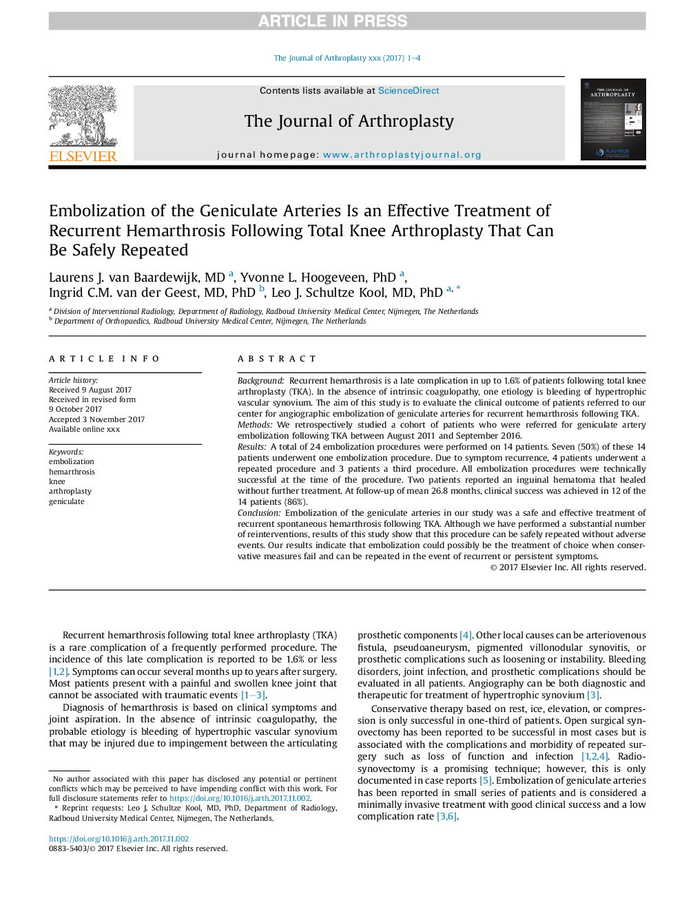 Embolization of the Geniculate Arteries Is an Effective Treatment of Recurrent Hemarthrosis Following Total Knee Arthroplasty That Can Be Safely Repeated