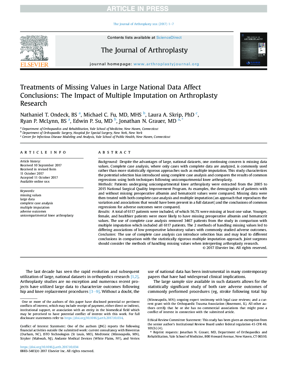 Treatments of Missing Values in Large National Data Affect Conclusions: The Impact of Multiple Imputation on Arthroplasty Research