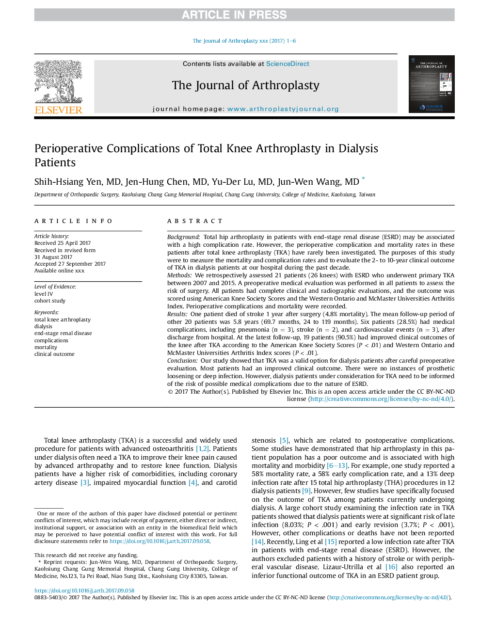 Perioperative Complications of Total Knee Arthroplasty in Dialysis Patients