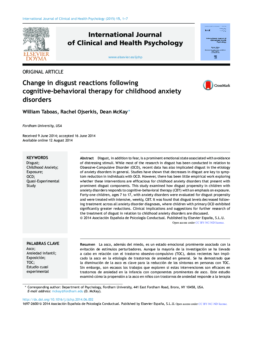 تغییر در واکنش‌های انزجاری بعد از درمان شناختی-رفتاری اختلالات اضطراب در کودکان