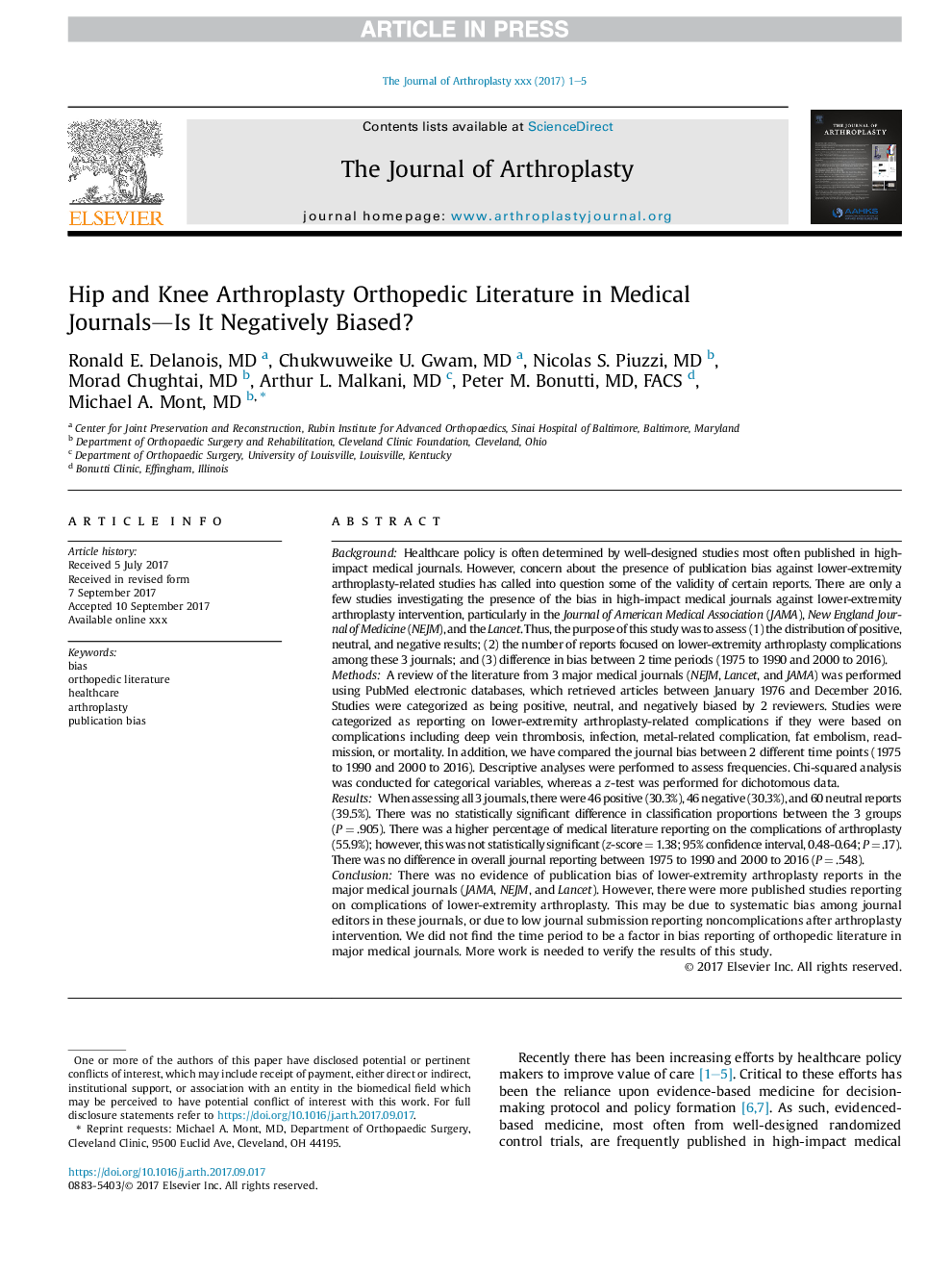 Hip and Knee Arthroplasty Orthopedic Literature in Medical Journals-Is It Negatively Biased?