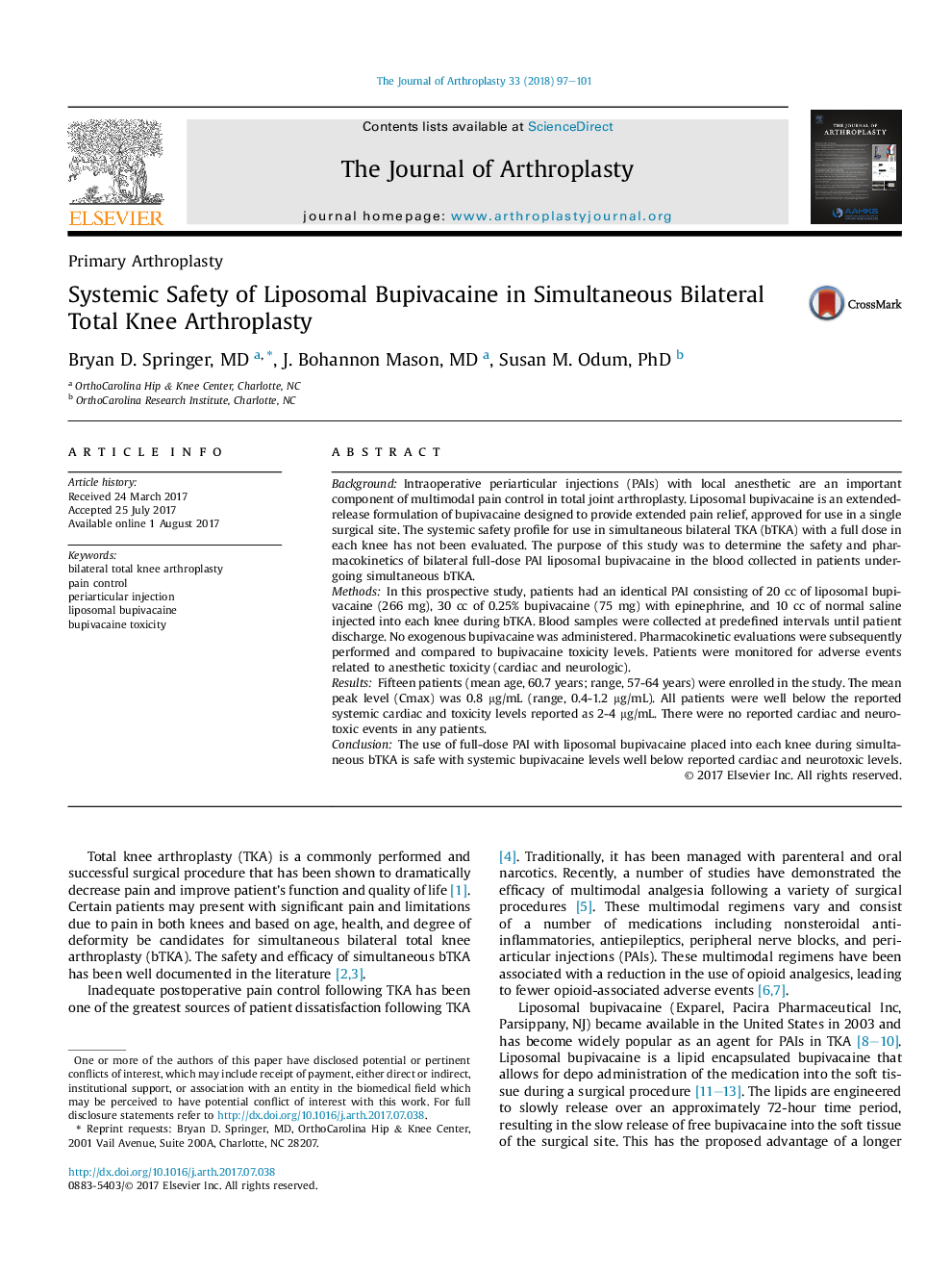ایمنی سیستمیک بوپیواکائین لیپوزومیال در آرتروپلاستی کامل دو طرفه زانو 