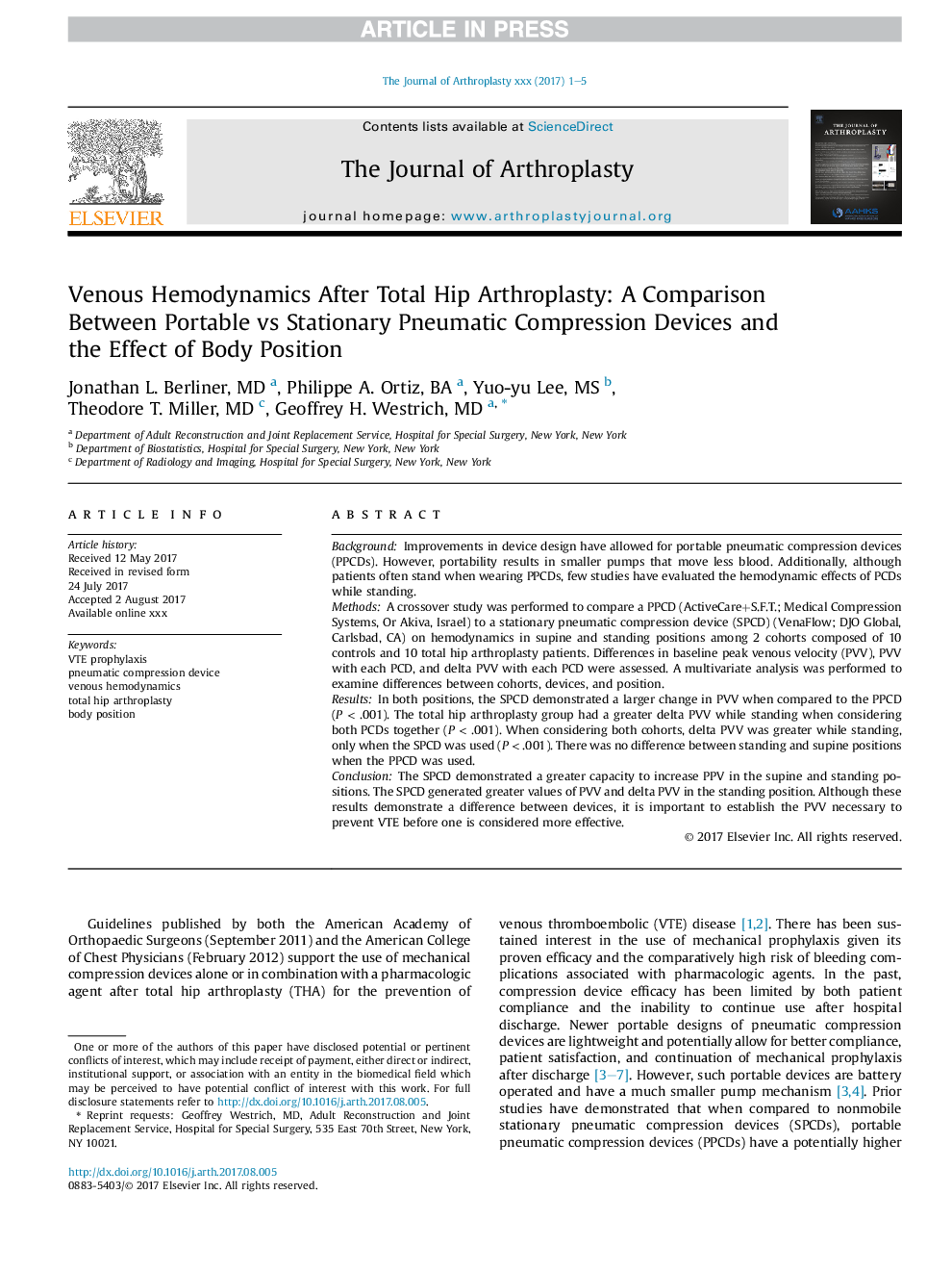 Venous Hemodynamics After Total Hip Arthroplasty: A Comparison Between Portable vs Stationary Pneumatic Compression Devices and the Effect of Body Position