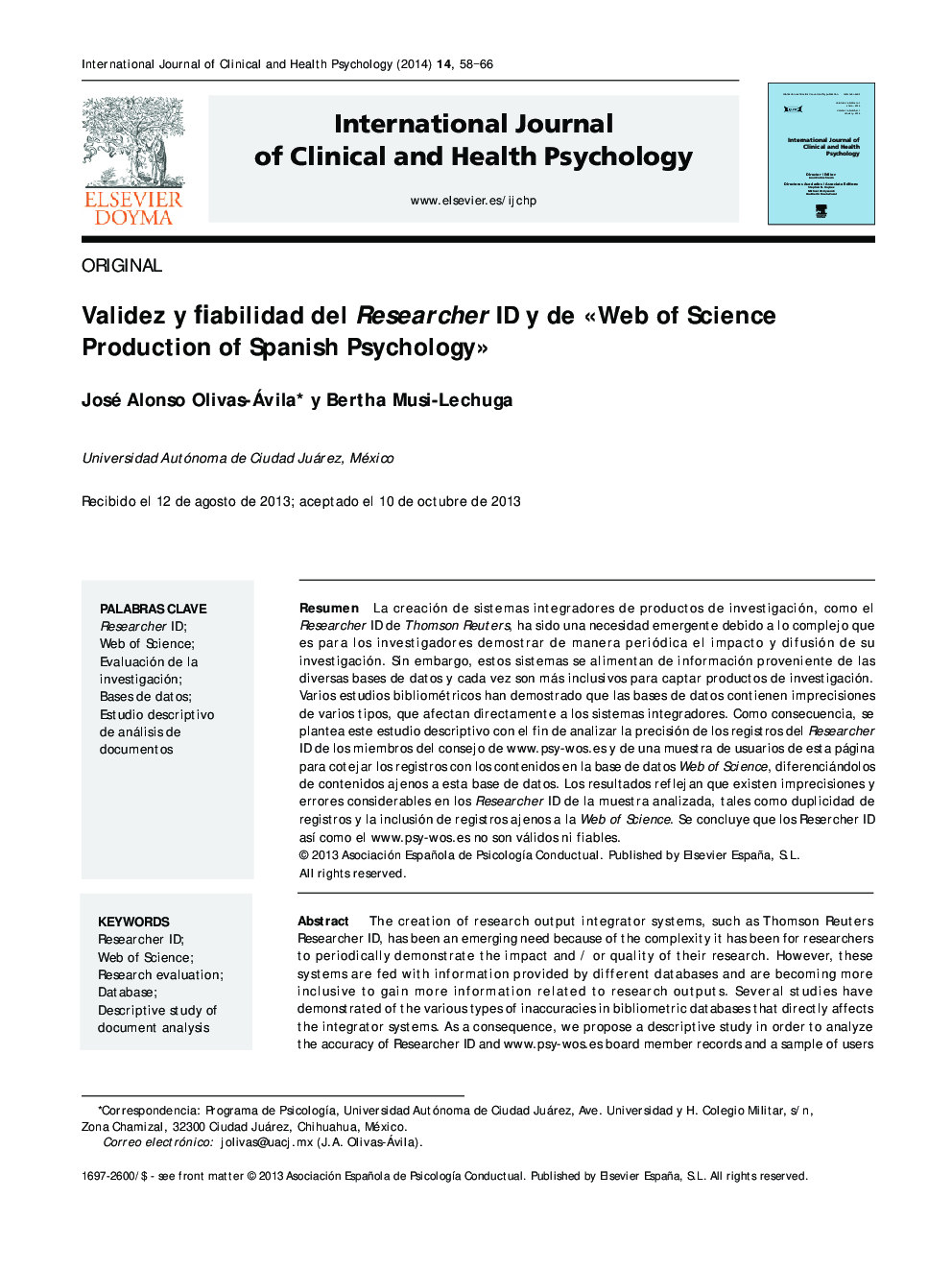 Validez y fiabilidad del Researcher ID y de «Web of Science Production of Spanish Psychology»