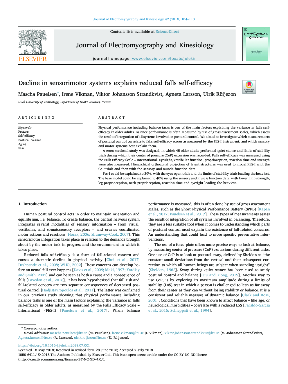 Decline in sensorimotor systems explains reduced falls self-efficacy