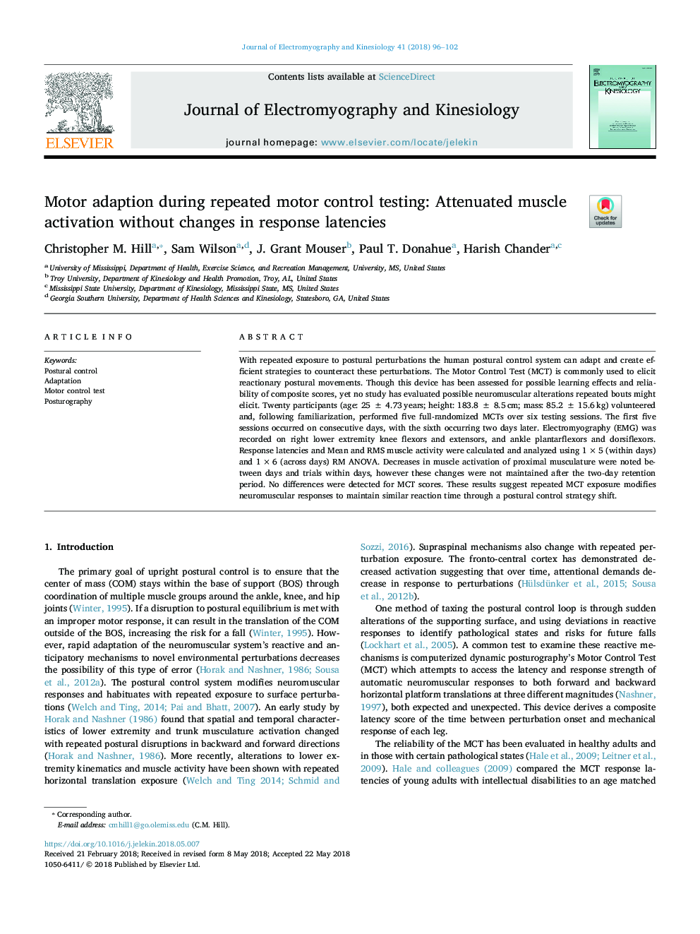 Motor adaption during repeated motor control testing: Attenuated muscle activation without changes in response latencies