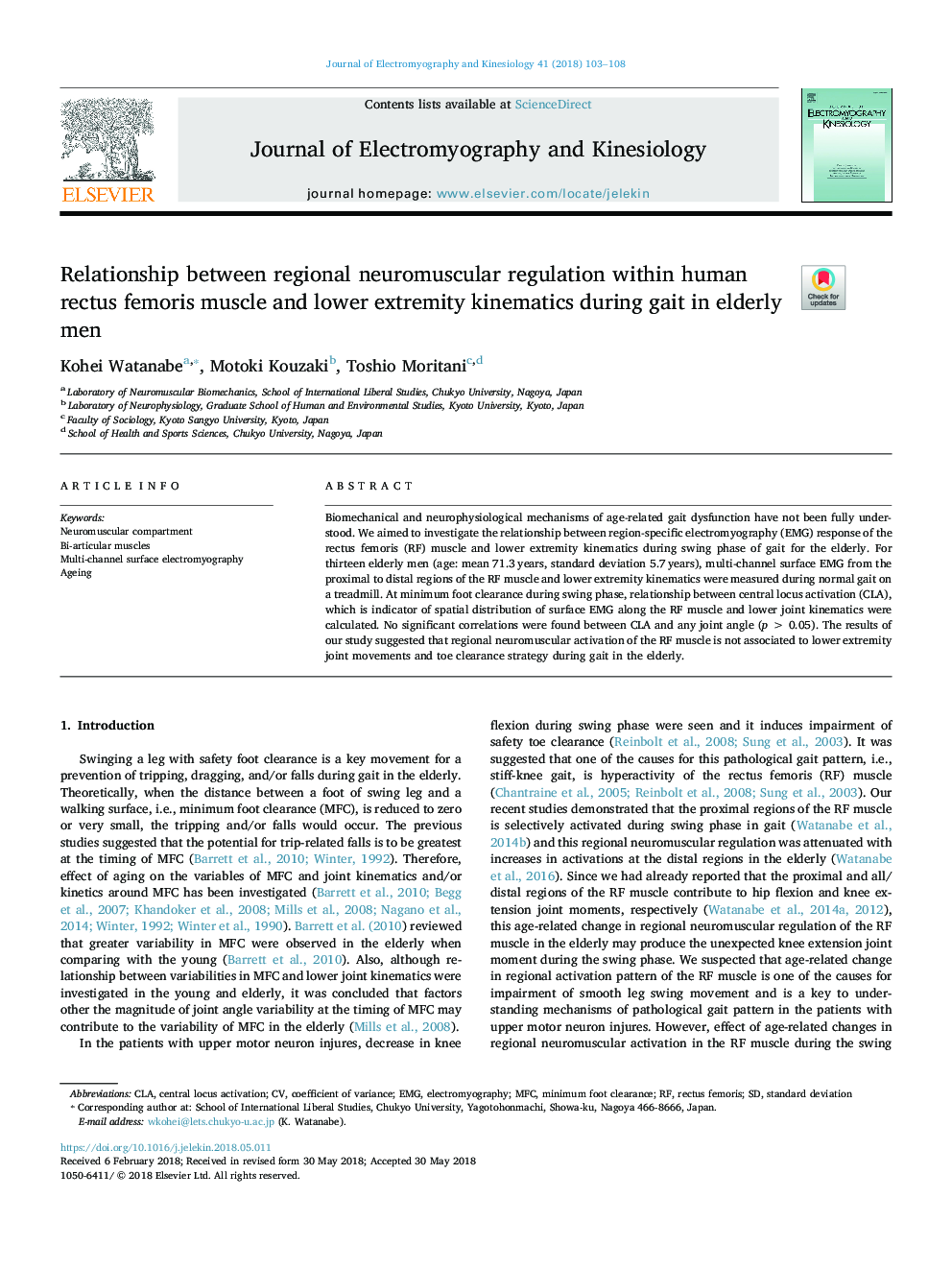 Relationship between regional neuromuscular regulation within human rectus femoris muscle and lower extremity kinematics during gait in elderly men