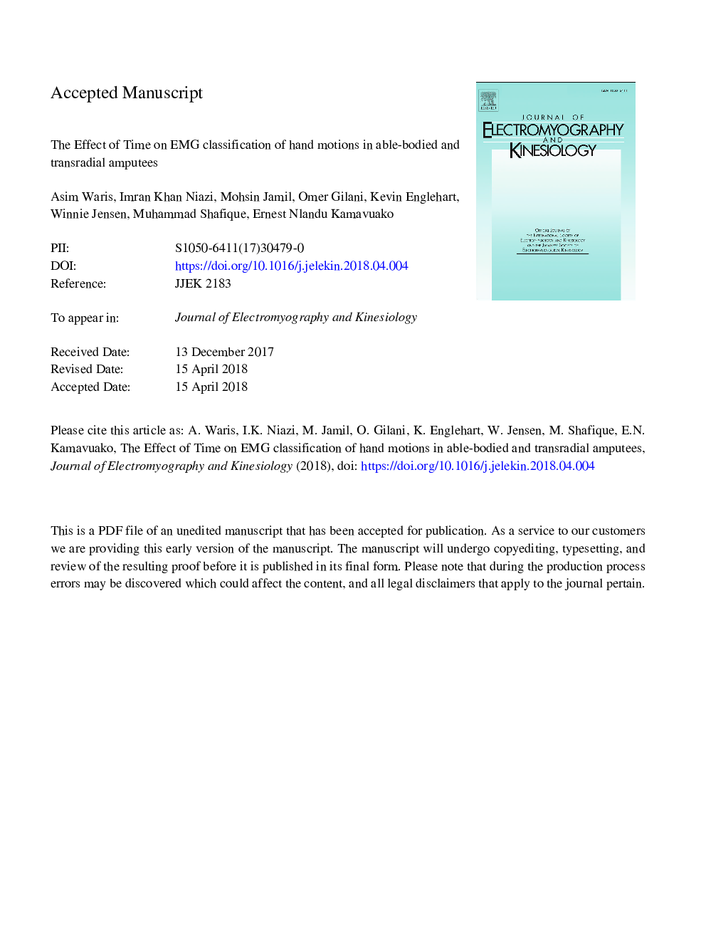 The effect of time on EMG classification of hand motions in able-bodied and transradial amputees