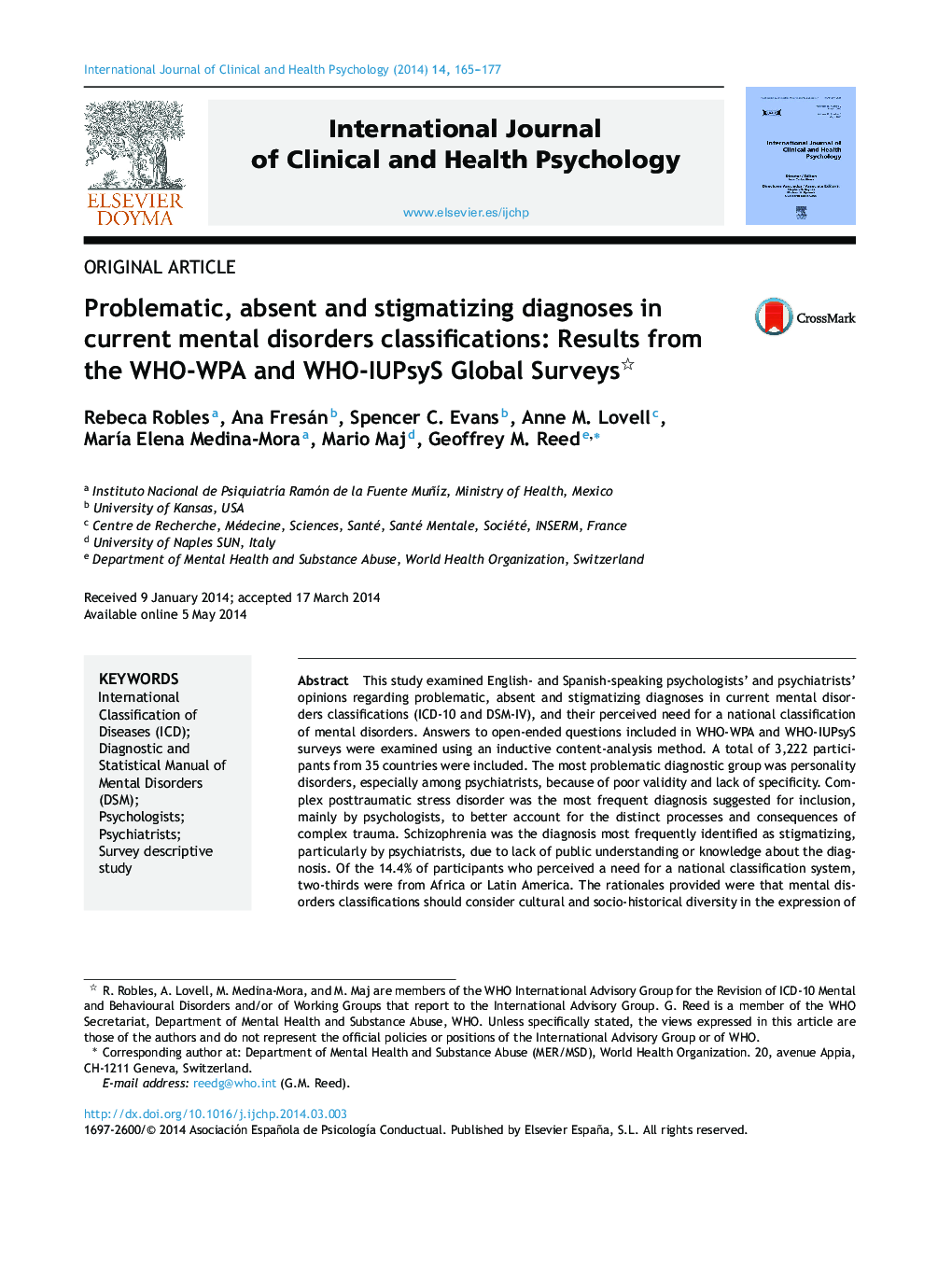 Problematic, absent and stigmatizing diagnoses in current mental disorders classifications: Results from the WHO-WPA and WHO-IUPsyS Global Surveys 