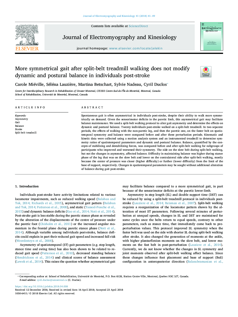 More symmetrical gait after split-belt treadmill walking does not modify dynamic and postural balance in individuals post-stroke