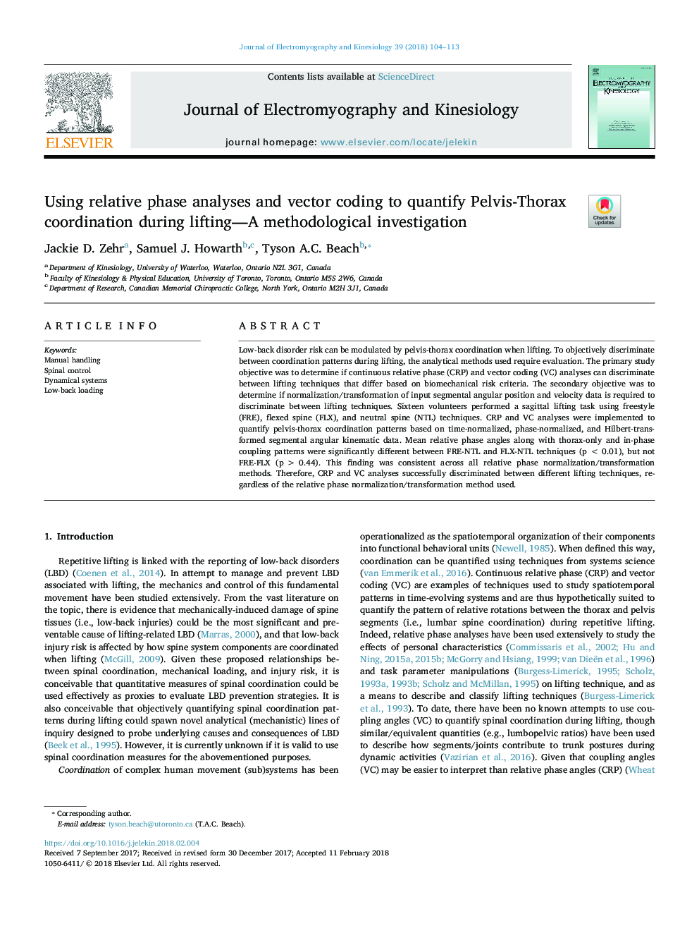 Using relative phase analyses and vector coding to quantify Pelvis-Thorax coordination during lifting-A methodological investigation