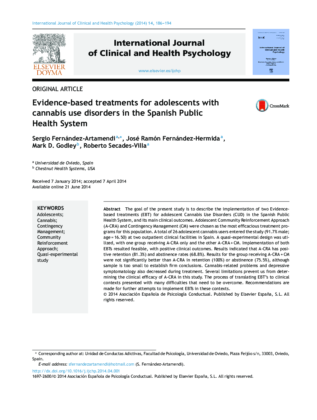 Evidence-based treatments for adolescents with cannabis use disorders in the Spanish Public Health System 