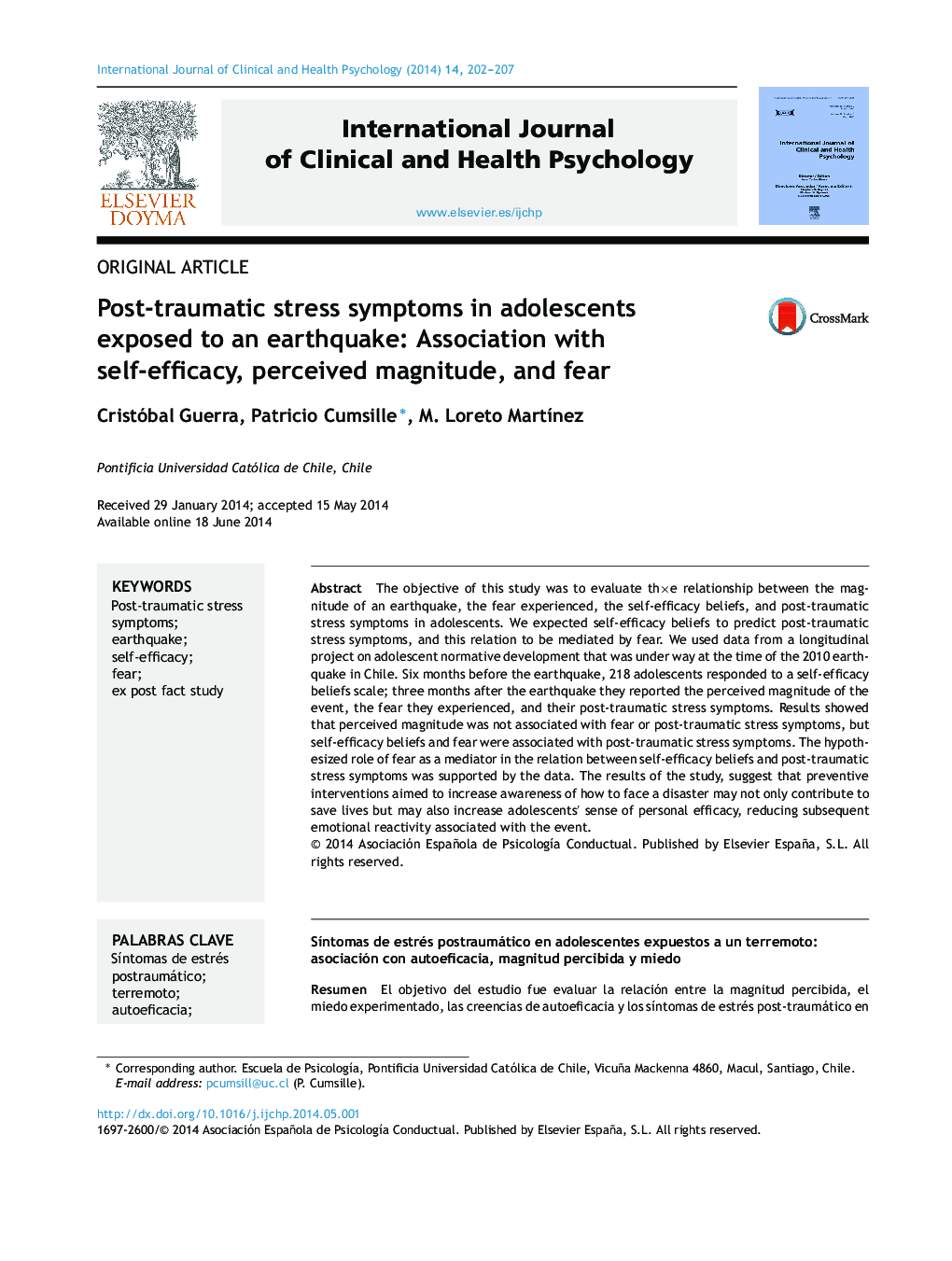 Post-traumatic stress symptoms in adolescents exposed to an earthquake: Association with self-efficacy, perceived magnitude, and fear 