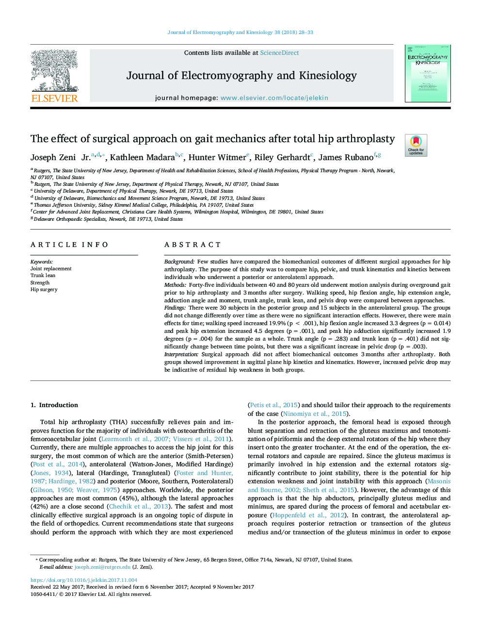 The effect of surgical approach on gait mechanics after total hip arthroplasty