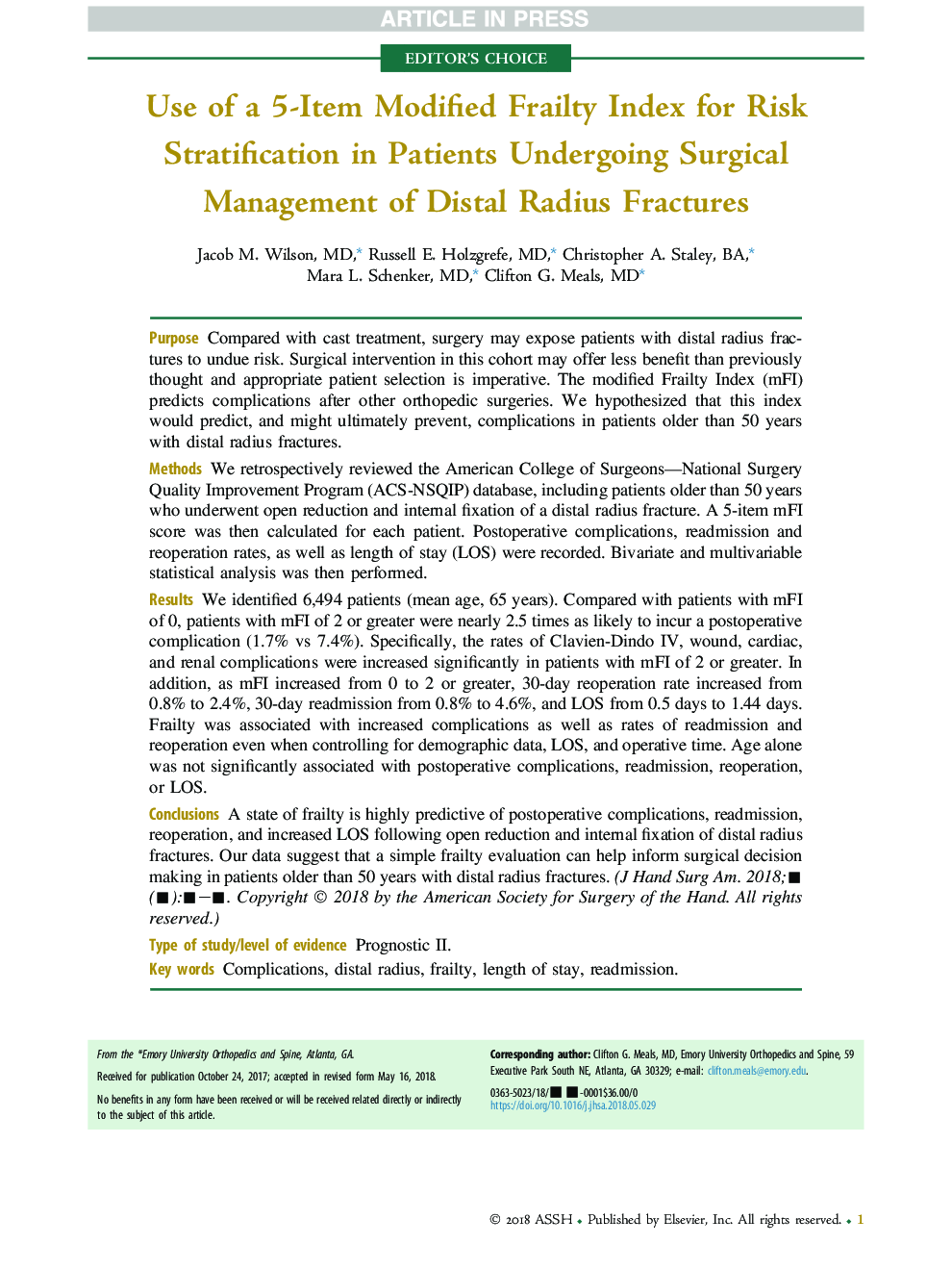 Use of a 5-Item Modified Frailty Index for Risk Stratification in Patients Undergoing Surgical Management of Distal Radius Fractures