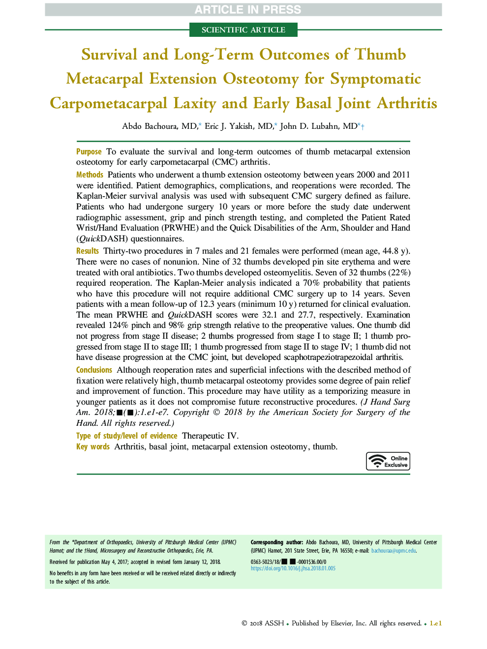 Survival and Long-Term Outcomes of Thumb Metacarpal Extension Osteotomy for Symptomatic Carpometacarpal Laxity and Early Basal Joint Arthritis