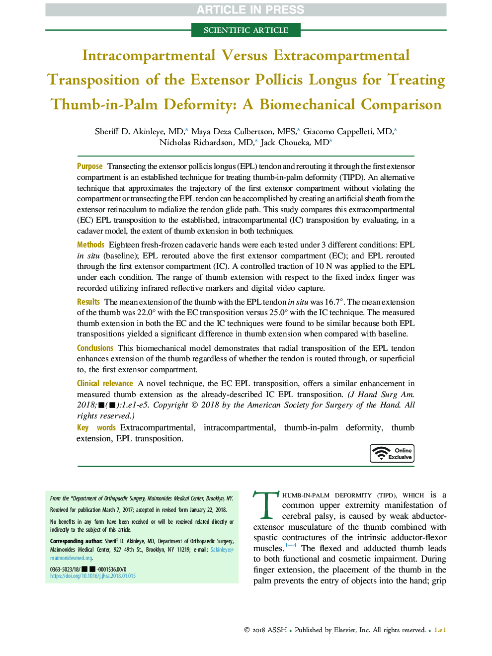 Intracompartmental Versus Extracompartmental Transposition of the Extensor Pollicis Longus for Treating Thumb-in-Palm Deformity: A BiomechanicalÂ Comparison