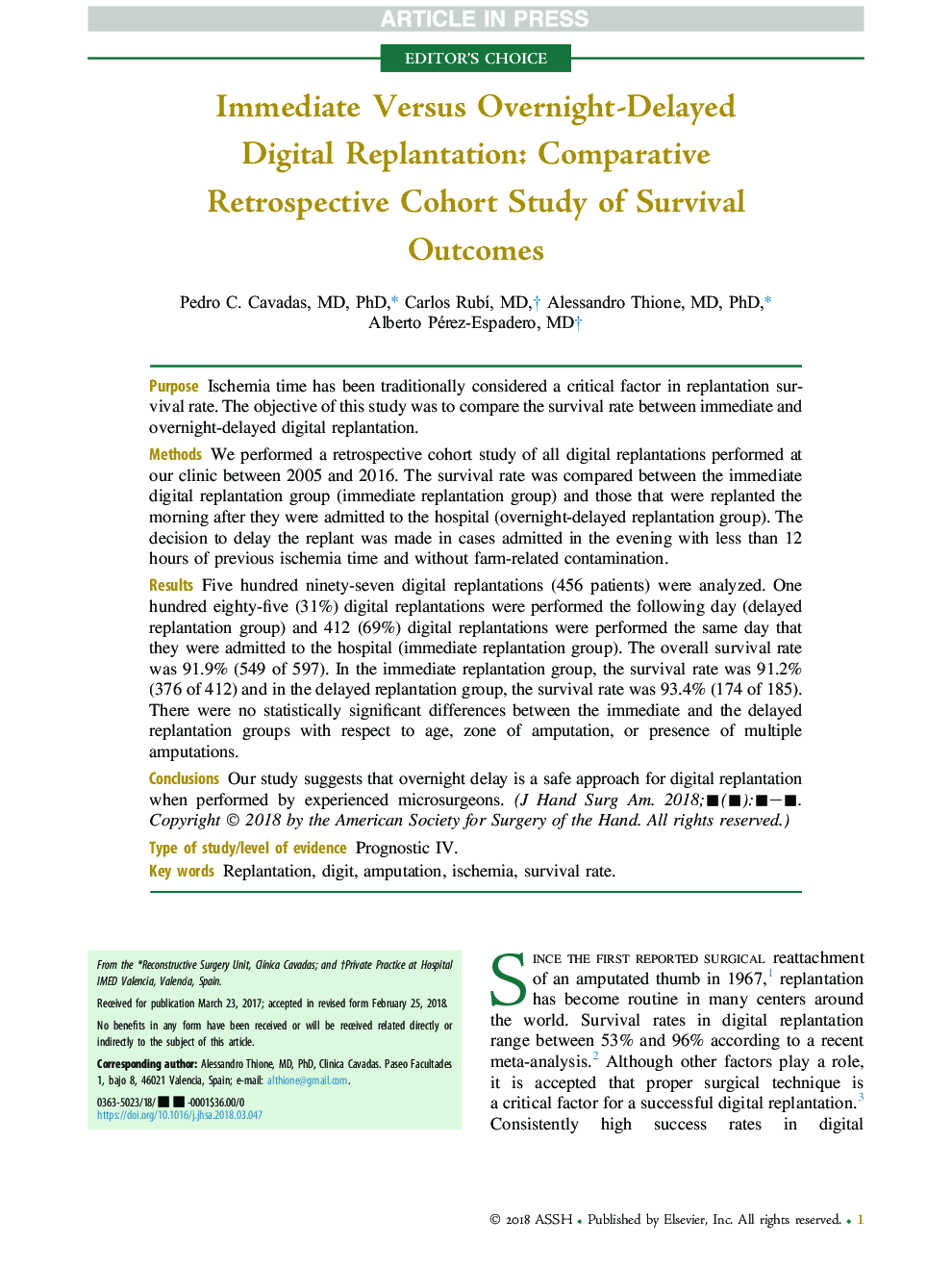 Immediate Versus Overnight-Delayed Digital Replantation: Comparative Retrospective Cohort Study of Survival Outcomes