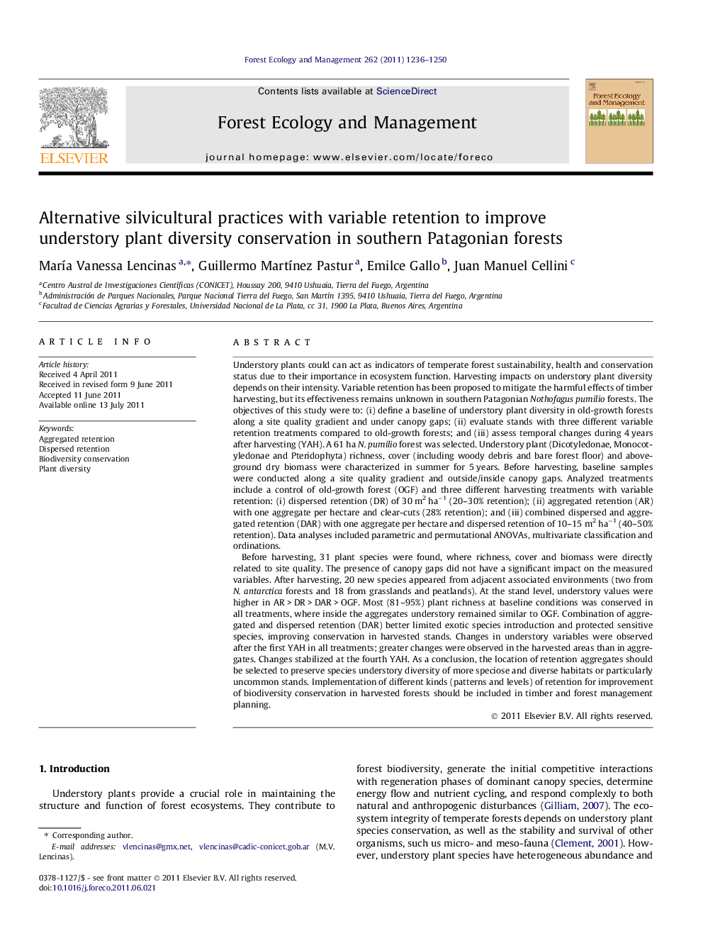 Alternative silvicultural practices with variable retention to improve understory plant diversity conservation in southern Patagonian forests