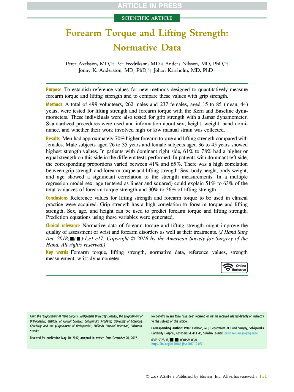 Forearm Torque and Lifting Strength: Normative Data