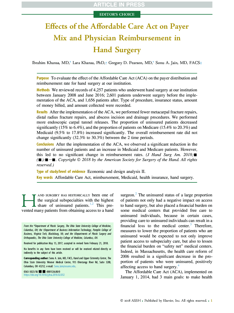Effects of the Affordable Care Act on Payer Mix and Physician Reimbursement in Hand Surgery