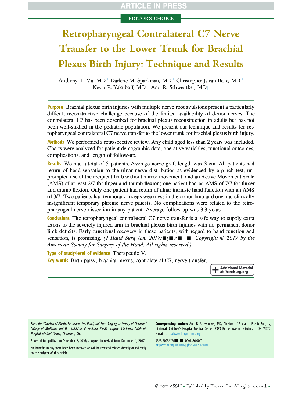 Retropharyngeal Contralateral C7 Nerve Transfer to the Lower Trunk for Brachial Plexus Birth Injury: Technique and Results