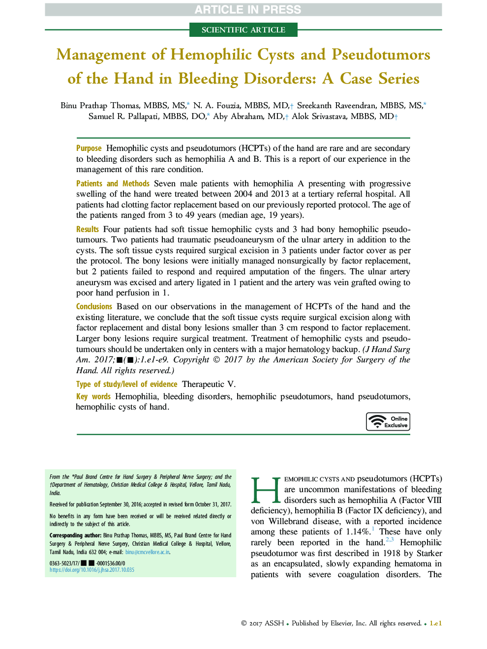 Management of Hemophilic Cysts and Pseudotumors ofÂ the Hand in Bleeding Disorders: A Case Series