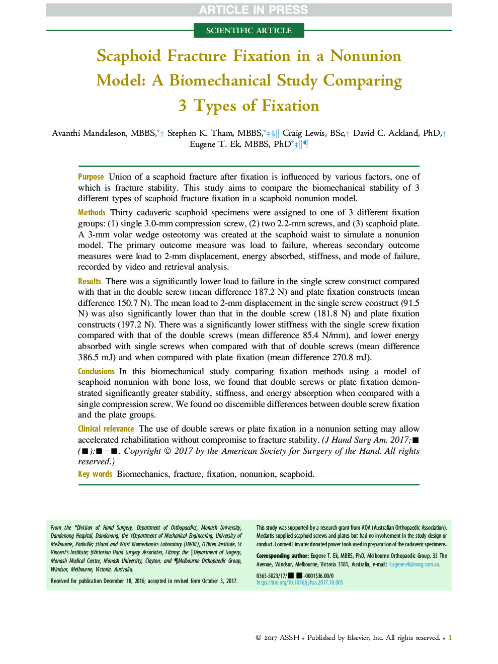 Scaphoid Fracture Fixation in a Nonunion Model: A Biomechanical Study Comparing 3 Types of Fixation