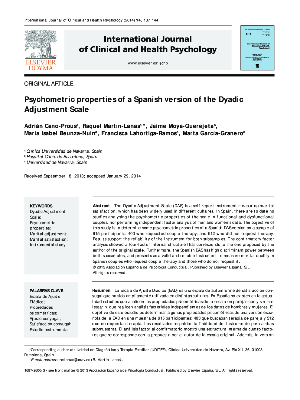 Psychometric properties of a Spanish version of the Dyadic Adjustment Scale