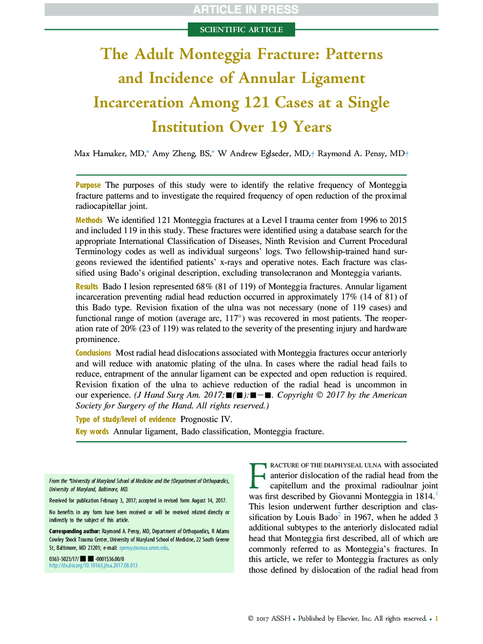 The Adult Monteggia Fracture: Patterns and Incidence of Annular Ligament Incarceration Among 121 Cases at a Single Institution Over 19 Years