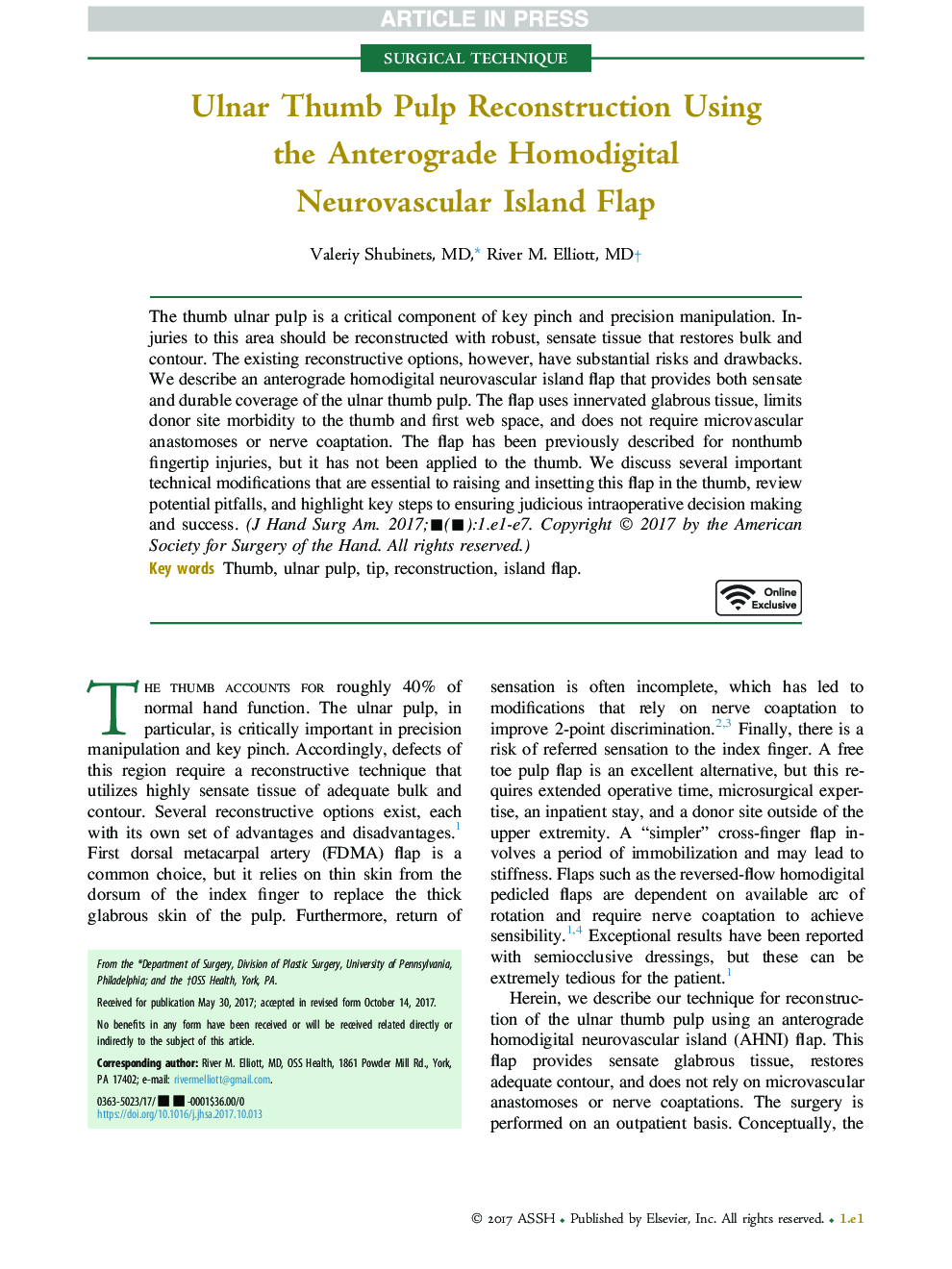 Ulnar Thumb Pulp Reconstruction Using the Anterograde Homodigital Neurovascular Island Flap