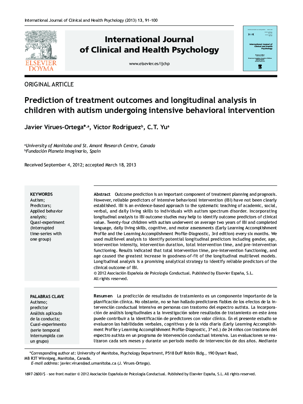 Prediction of treatment outcomes and longitudinal analysis in children with autism undergoing intensive behavioral intervention