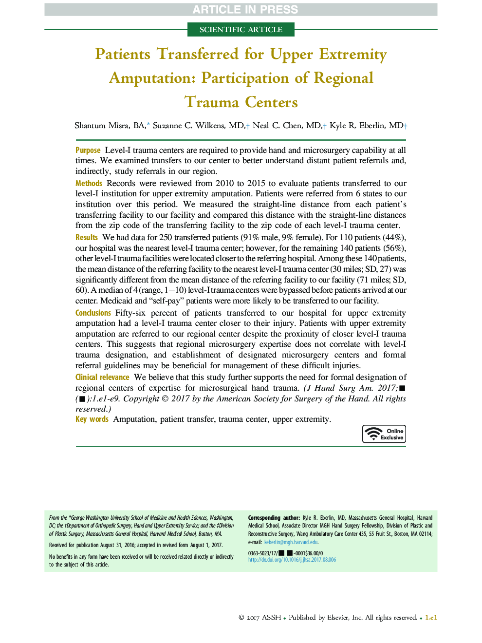 Patients Transferred for Upper Extremity Amputation: Participation of Regional Trauma Centers